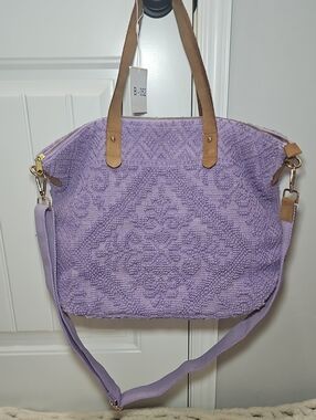 Shiraleah Purple Textured Carpet Tote Bag Tan Leather Trim Handles Crossbody New